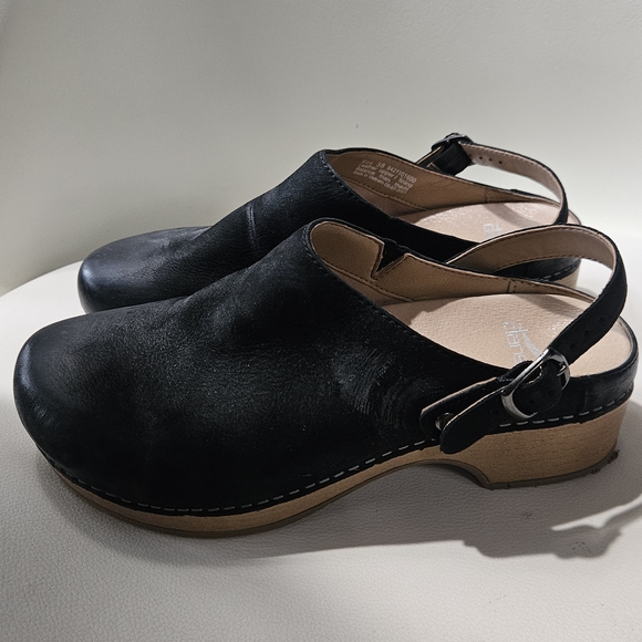 Dansko Shoes - Dansko Black Leather Slingback Clogs with Wood-Look Sole